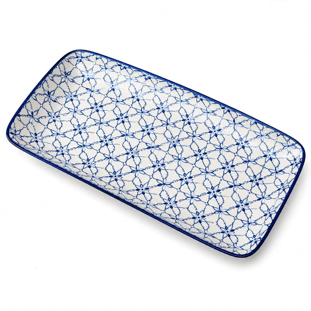 Plateau rectangulaire 30×20 cm en céramique blanc/bleu à motif floral pour service de table
