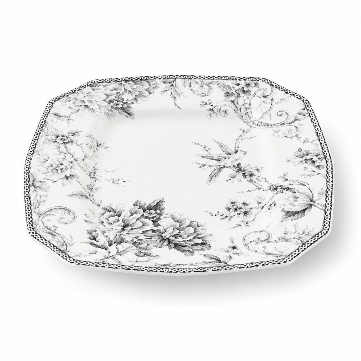 Plat de service carré 30×30 cm en porcelaine blanc et noir à motif floral