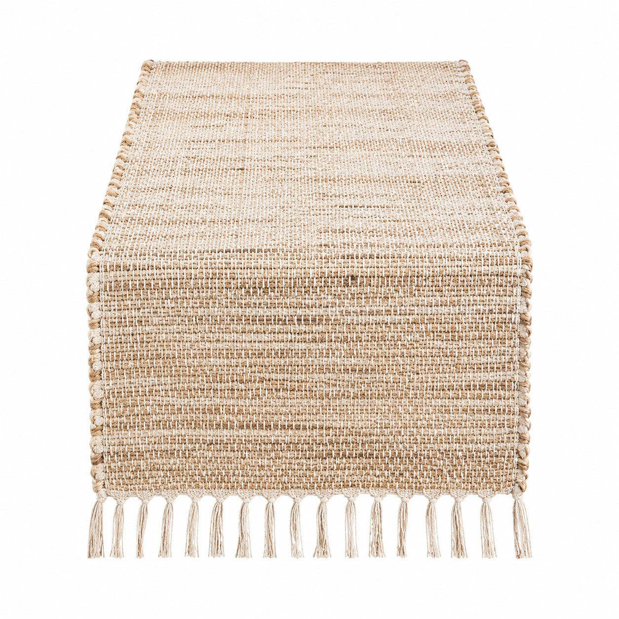 Chemin de table 180 x 35 cm en jute et coton beige tissé à franges style naturel