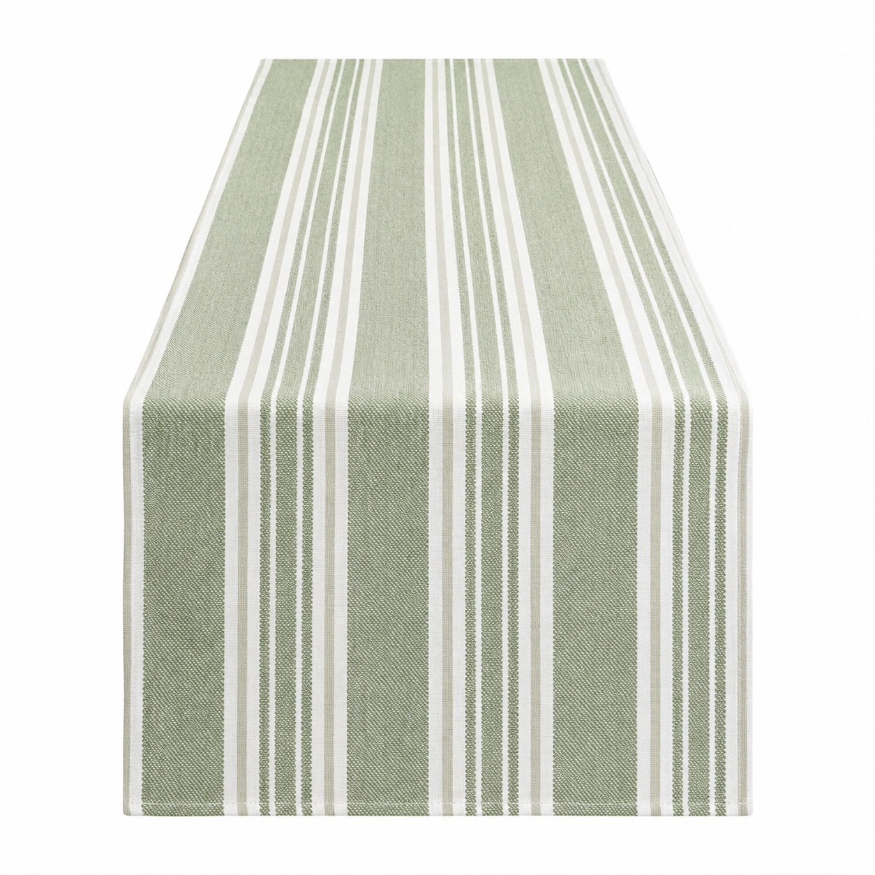 Chemin de table 180 x 33 cm en tissu tissé vert sauge et blanc à rayures style naturel
