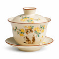Gaiwan en porcelaine 150 ml beige à décor chat et fleurs avec couvercle