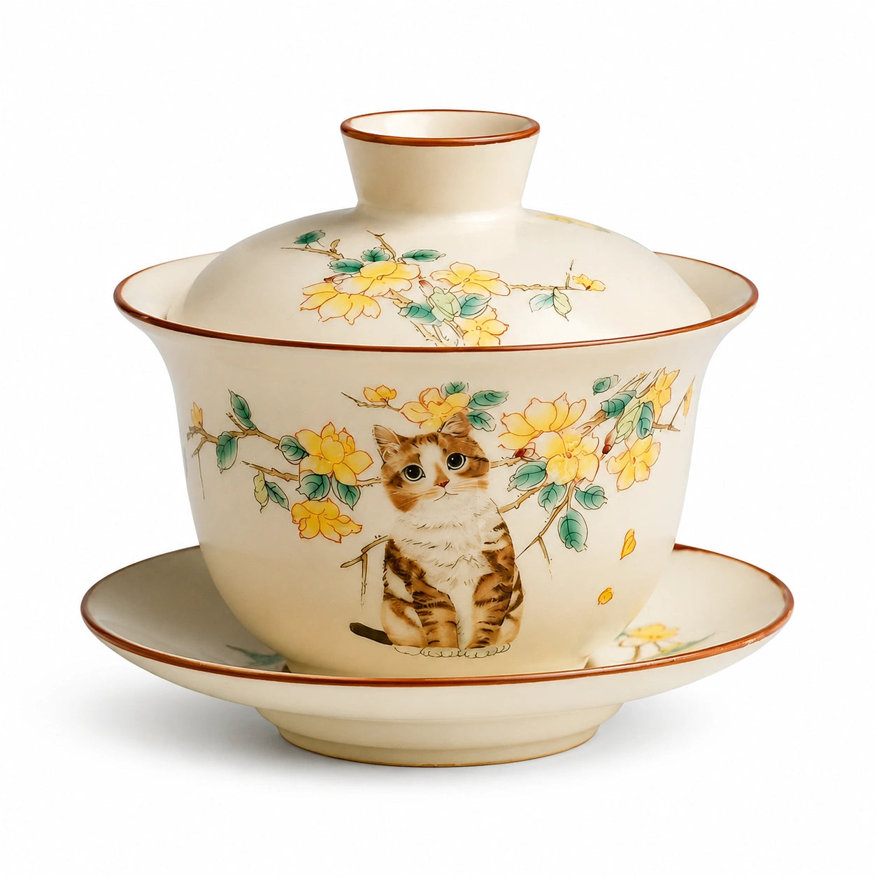 Gaiwan en porcelaine 150 ml beige à décor chat et fleurs avec couvercle