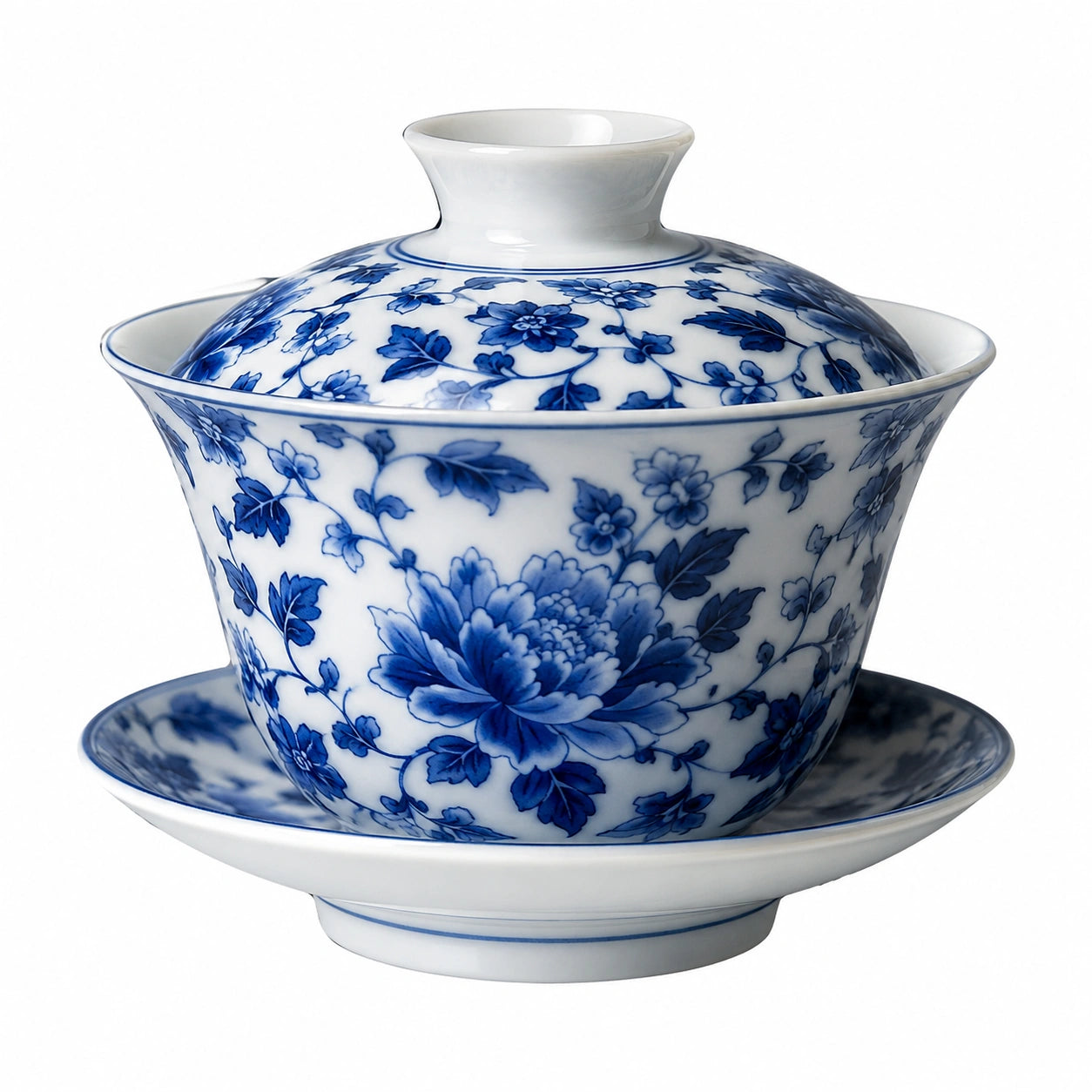 Gaiwan en porcelaine 180 ml bleu et blanc à motif floral pour dégustation de thé