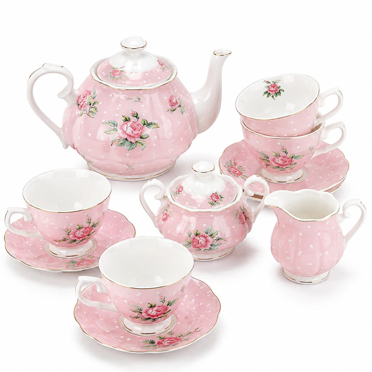 Service à thé 3 personnes en porcelaine rose fleuri avec théière