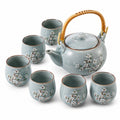 Service à thé 7 pièces en céramique bleu céladon 1000 ml motif floral avec anse en bambou
