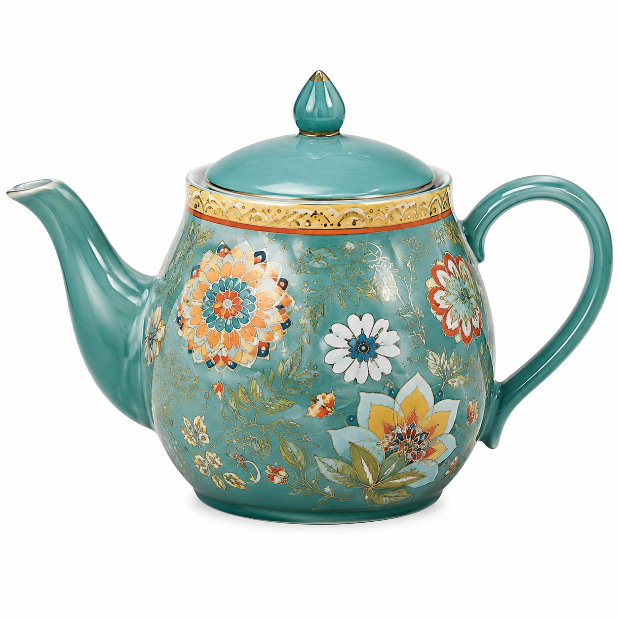 Théière 1000 ml en céramique turquoise à décor floral avec couvercle